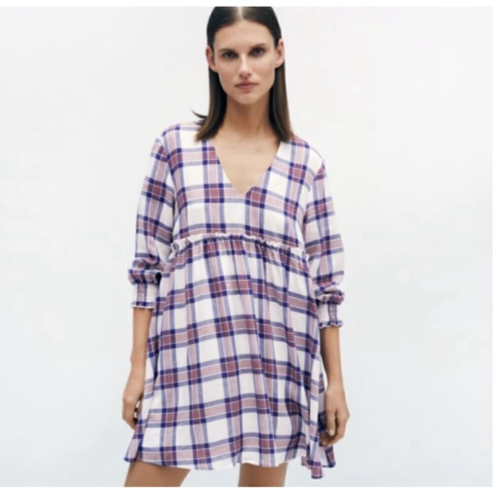 Zara White Red Blue Plaid V/Neck Fit& Flare Pleat Tunic Midi Dress Sz L